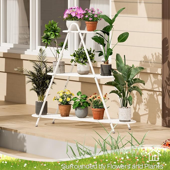 3-Tier Plant Stand, Heavy Duty Metal Planter Rack - White Indoor/Outdoor Shelves with Large Tier’s Shelf - Display Multiple Flower Pots, Iron Plant Organizer for Living Room, Patio & Garden