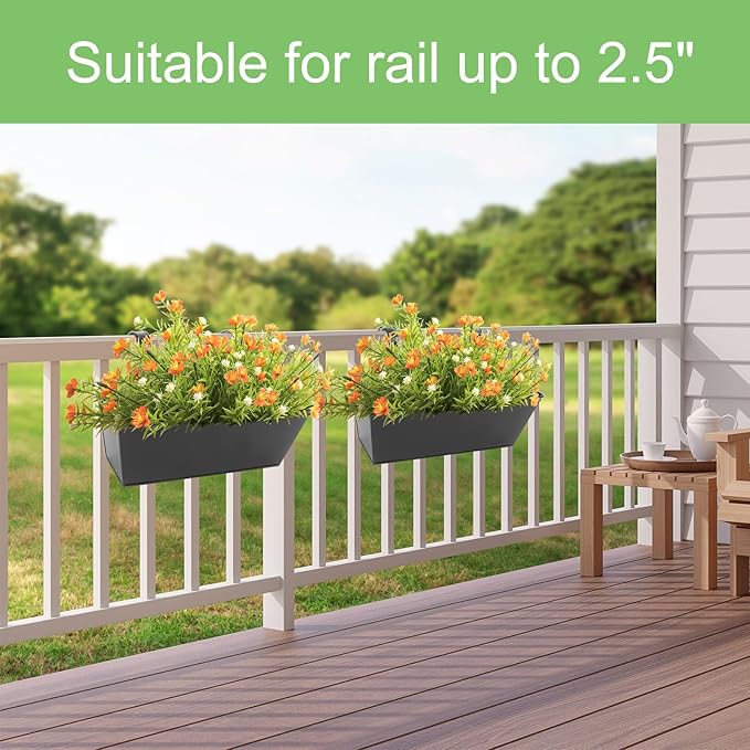 Railing Planters Outdoor Balcony 16 Inch Deck Over The Railing Planter Boxes Hanging Planters for Fence Flower 5 Pcs (Black)