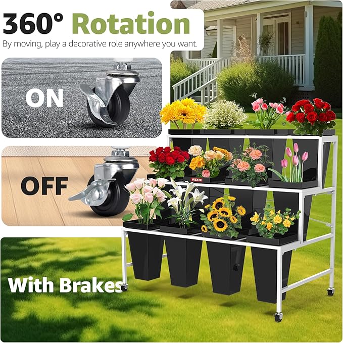 3 Layers Flower Display Stand with Buckets, 12 PCS Buckets Plant Stand with Wheels, Movable Metal Plant Stand for Terrace Garden, Living Room, Florist Shop