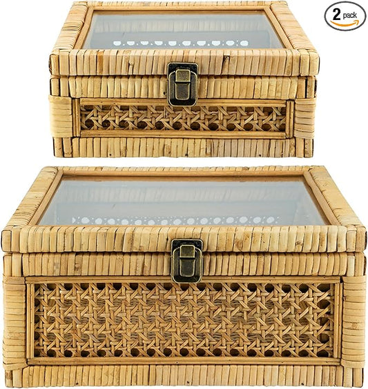 Rattan Square Box with Lid - Set of 2 Wicker Decorative Bins with Glass Cover for Display