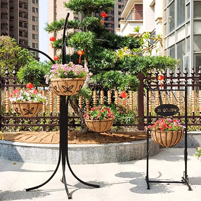 14 inch Metal Hanging Baskets For Plants Outdoor 4 Pack Round Metal Wire Hanging Basket Planter with Coco Fiber Liners Chain Round Wire Plant Holder for Garden, Patio, Deck, Porch Plants Flower Potss