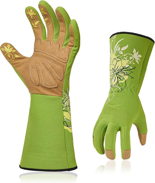Vgo... 1-Pair Ladies' Synthetic Leather Gardening Gloves, Long Sleeves Gauntlet, Breathable & Grip Work Gloves, High Dexterity, Washable (Size M, Green, SL7445)