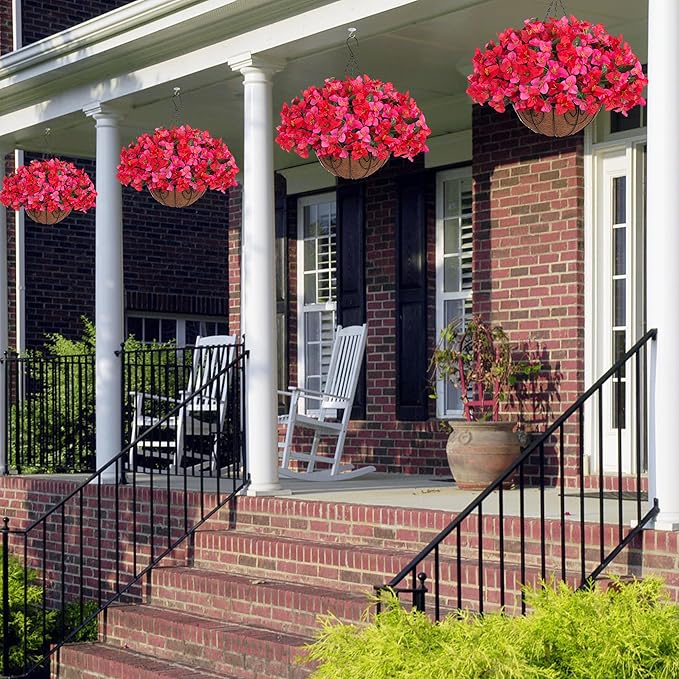 Artificial Fake Hanging Flower Plants Basket for Outdoors Spring Summer Decoration, Faux Bougainvillea Flowers in Planter Look Real UV Resistant Silk Flower for Outside Porch Patio Garden Home Decor