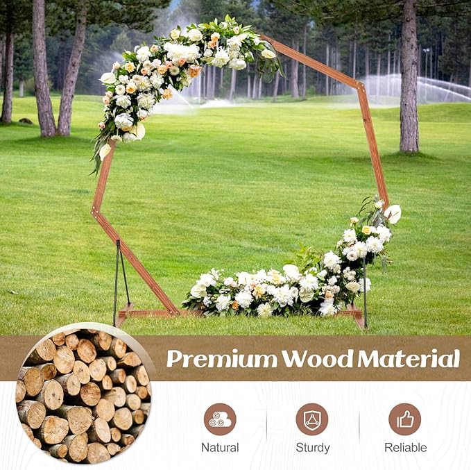 S AFSTAR 7FT Heptagon Wedding Arch, Wood Backdrop Stand With Triangular-Shaped Base, 4 U-Shaped Stakes, Indoor Outdoor Round Flower Balloon Stand for Ceremony Party