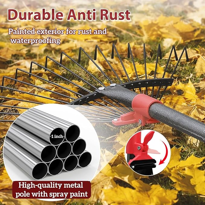 91 Inch Rake for Leaves , Adjustable 18 Tines with Expandable Head 9-18in Grass Rake Heavy Duty Metal Rakes for Women Children Yard Gardener Gardening Grass Debris Lawns