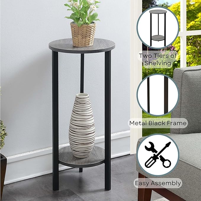 Convenience Concepts Graystone 2 Tier Tall Plant Stand 31" - Industrial Stand for Plants, Vases, and Antiques, Urban Modern Design for the Living Room, Hallway, Entryway, Weathered Gray/Black