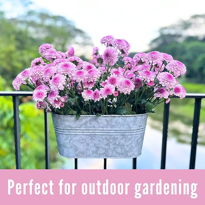 LaLaGreen Outdoor Rail Planter (11.2 Inch, 4 Pack) Silver Metal Iron Hanging Flower Pots Deck Railings Fence Buckets Modern Countryside Boho Style Wall Mount Window Box Plant Holder Hooks Porch Decor