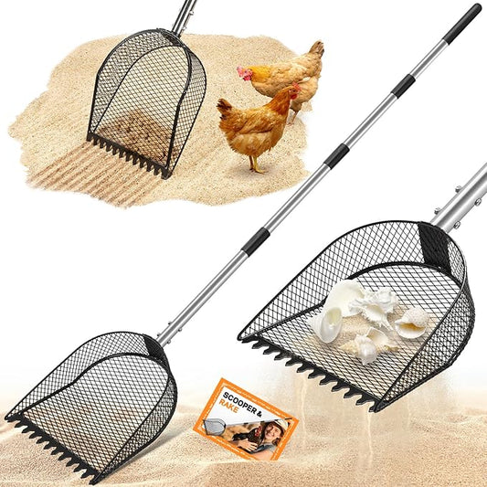 Metal Chicken Poop Scooper and Rake 2-in-1, Poop Chicken Scoop Sand with Stainless Steel Handle (43-73" Adjustable), Sifter Shovel Chicken Coop Sand Rake for Chicken Coops & Farm Animals