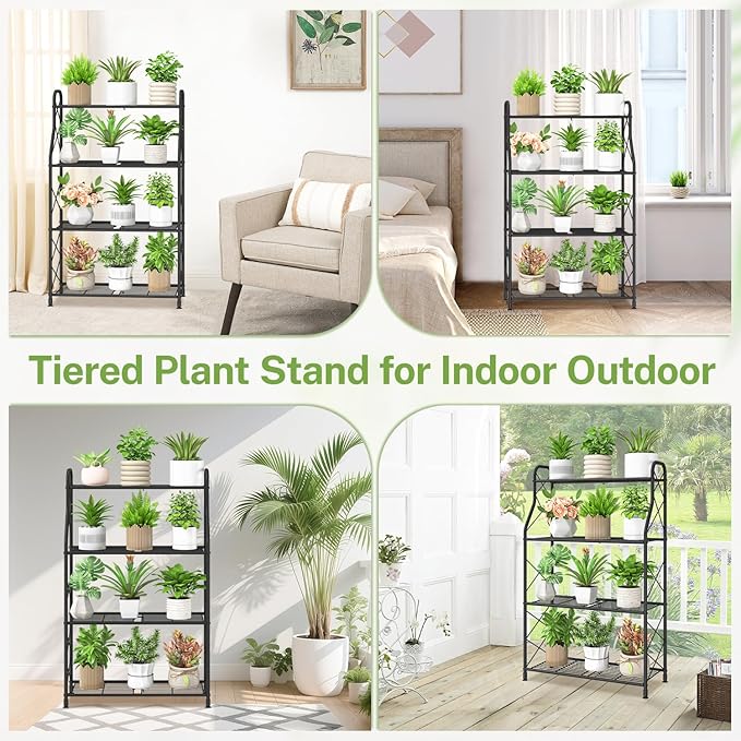 iDavosic.ly 4 Tier Plant Stand Indoor, Metal Tiered Corner Flower Display Holder Shelf Outdoor for Large Pots, Tall Rack for Patio Porch Garden Balcony Living Room, Modern Black