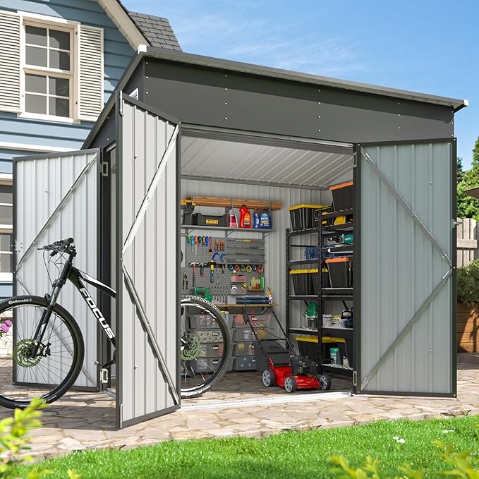 Aoxun 7.5'x4' Triple Door Shed Outdoor Storage Shed with Three Lockable Door for Easily Accessing Metal Storage Cabinet with Slopping Roof for Tools Bicycles Storage for Garden, Backyards (Black)