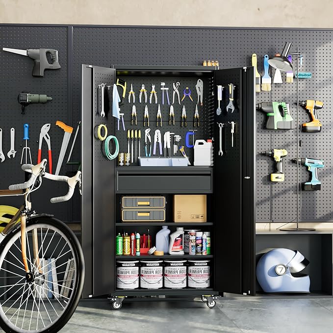 71" H*15" D*30" W Garage Storage Cabinet with Wheels and Doors,Lockable Metal Storage Cabinet with Pegboard Hooks and Drawer for Garage Warehouse Home,Required Assembly,Black