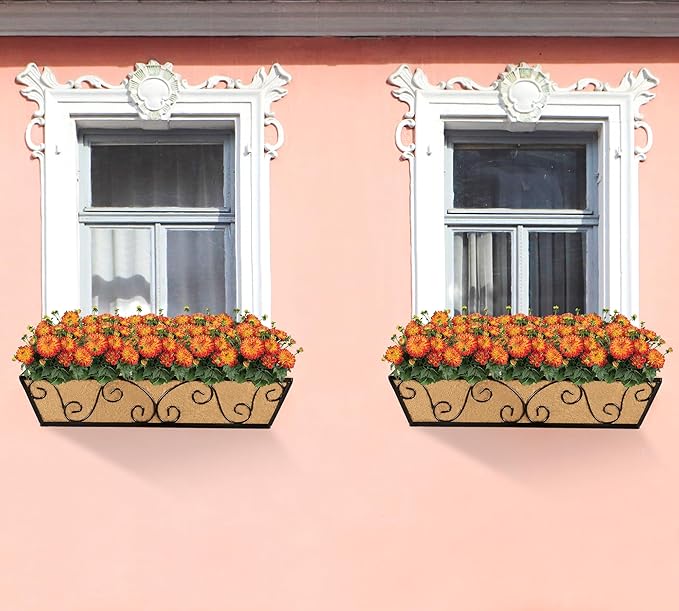 Y&M 24 Inch Window Deck with Coco Liner, Fence Metal Hanging Flower Planter Window Basket Deck Railing Planter Boxes for Outdoor Garden Lawn-Butterfly,2pcs