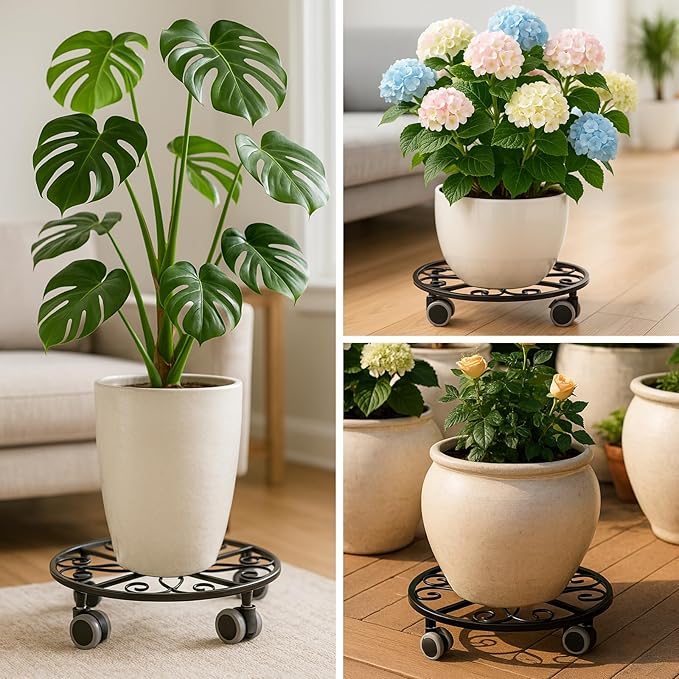 5 Pack Plant Caddy with Wheels Heavy Duty 13.5 Inches Metal Plant Stand with Wheels Plant Dolly Rolling Plant Stand Plant Roller with Casters for Indoor and Outdoor, Black