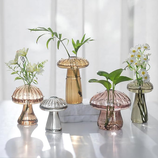Glasseam Mushroom Glass Planter for Plants: Set of 5 Handmade Plant Propagation Stations - Fall Colored Small Hydroponic Terrarium Jars for Home Decor for Plant Lovers