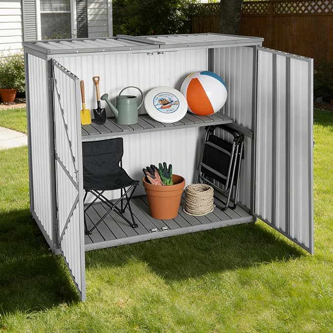 Outdoor Storage Shed with Metal and Wood Frame, Resin Garden Sheds with Removable Shelves and Floor, Weatherproof Plastic Roof Outdoor Trash Can Shed, Horizontal Storage Cabinet for Patio(White)