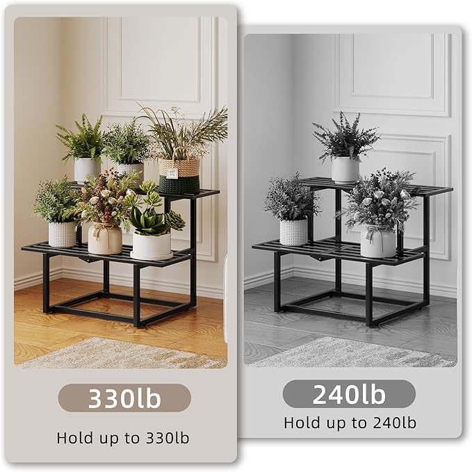 Metal Plant Stand Indoor, Outdoor Iron Plant Shelf, Heavy Duty Slatted Display Shelf for Patio Balcony Garden Living Room Load Bearing 330 LB 26" L x 20.2" H x 17.7" W 2 Tier Black