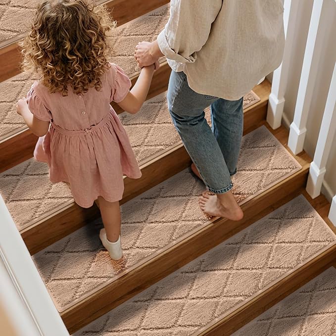 JOENIE Non-Slip Edging Stair Treads Carpet Mat 30inX8in Indoor Stair Runners for Wooden Steps, Edging Stair Rugs for Kids and Dogs, 100% Polyester TPR Backing (Beige, 4pc)