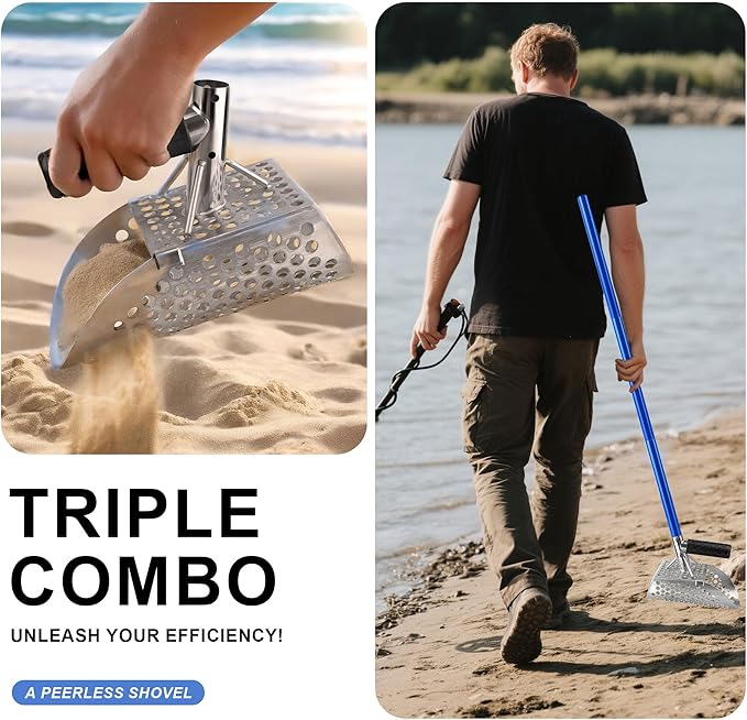 Sand Scoop with Long Carbon Fiber Handle,Heavy Duty Stainless Steel Metal Detecting Sand Scoop,Beach Metal Detecting Shovel for Underwater Treasure Hunting,Beach Sand Sifter Scoop(scoop4)