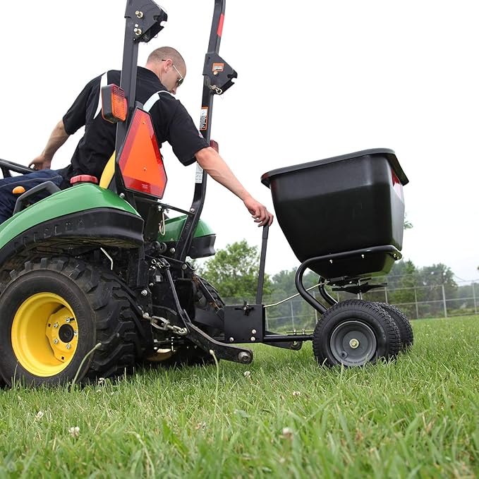 Brinly BS36BH-A Tow Behind Broadcast Spreader with Universal Hitch, 175 lb.+ - Matte Black