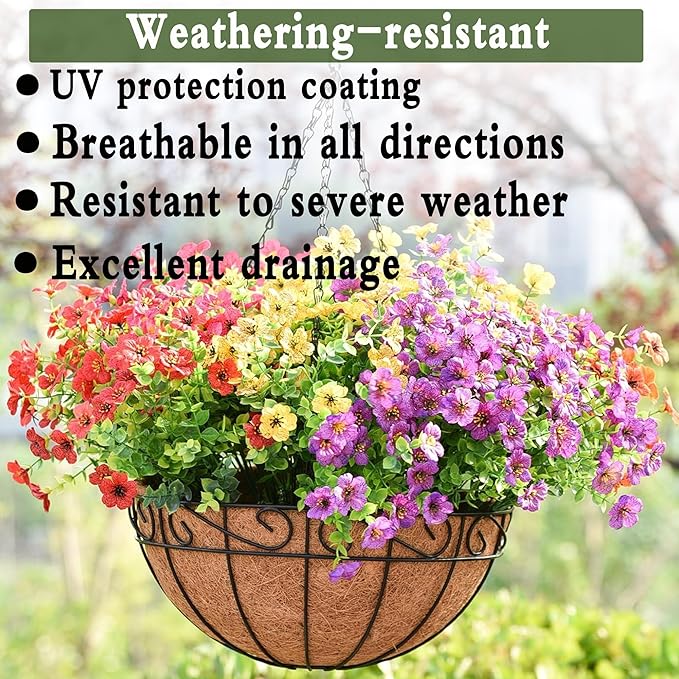 14 Inch Hanging Planters (4 Pack) - Round Metal Baskets with Cocoa Liners for Indoor/Outdoor Gardens, Porch & Patio Decor（HB）