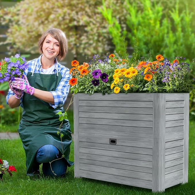 SUNYRISY 2Pack Wooden Raised Garden Bed with Storage Box, 34" L x 18" W x 30" H Elevated Large Garden Planter Box for Planting Herb Vegetable Flower Outdoor Indoor, Grey