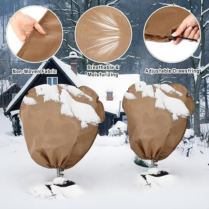 6 Pcs Winter Plant Covers Freeze Protection Reusable Plant Protector Bag with Drawstring Warm Shrubs Cover Frost Protection Planting Jacket Bags for Outdoor Garden, Brown (39.4 x 31.5 Inch)