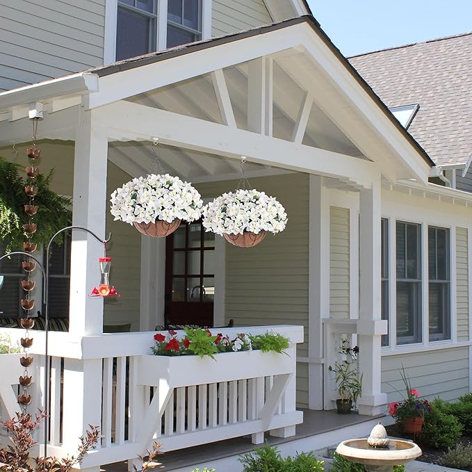 Artificial Hanging Flowers Faux Plants Basket for Outdoors Spring Summer Decor, Fake Silk Bougainvillea in Planter Outdoor Look Real UV Resistant Faux Flower for Outside Porch Patio Garden Home, White