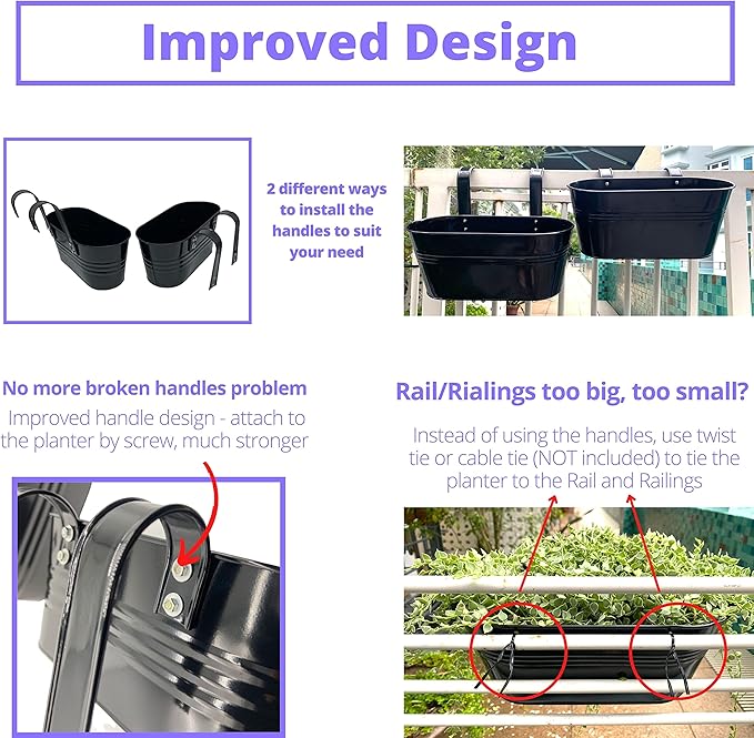 LaLaGreen Rail Planter Outdoor Plants(11.8 Inch, 10 Pack) Black Metal Iron Hanging Flower Pots Deck Railings Fence Buckets Modern Countryside Boho Style Wall Mount Window Box Plant Holder Porch Decor