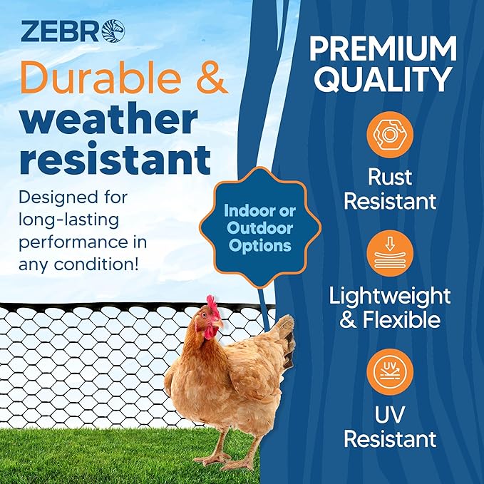 Zebro Plastic Chicken Wire Fence – Lightweight Poultry Netting & Garden Fence for Chicken Coops, Pet Enclosures, Balcony Safety & Landscaping – Weatherproof & Rust-Free - 3' x 50' Black