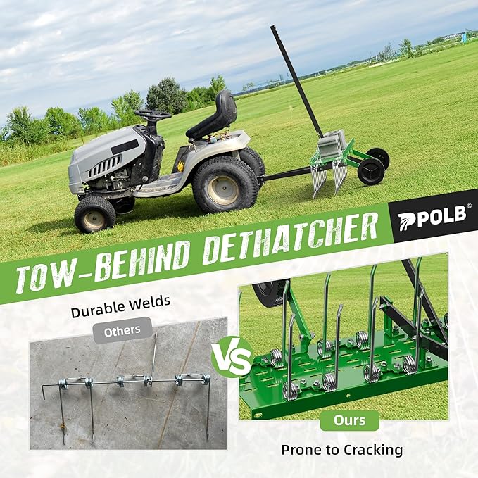 40" Tow-Behind Dethatcher with 20 Spring Steel Tines, Pull Behind Lawn Tractor Mower Grass Rake for Yard, Garden, and Farm Care – Removes Thatch, Leaves, and Pine Needles-Green