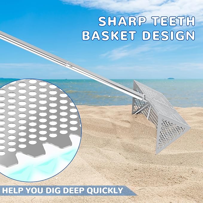 Beach Sand Sifter, 304 Stainless Steel, Detachable 60 Inches Long Handle, 16'' Basket with Sharp Teeth. Includes D-Handle Grip, Small Shovels, Sifter and Bucket