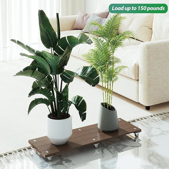 mondaria 2 Pack Plant Caddy with Wheels, 15.7" Wood Plastic Composite Plant Stand, Heavy Duty Square Plant Dolly with Metal 360° Lockable Caster Wheels for Large Plant Pots, Flower Pot ,Dark Brown