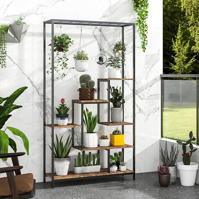 Giantex 71" Tall Plant Stand Indoor, 6-Tier Metal Plant Shelf with 10 Hanging Hooks, Multiple Potted Flower Bonsai Pots Display Rack for Indoor, Balcony, Living Room (Rustic Brown)