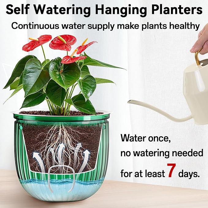 Halatool 2 Pack Self Watering Hanging Planters for Plants, 8.3 Inch Hanging Baskets, 3 Hooks Plant Hangers with Drainage Holes for Gardening (Green)