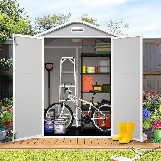 HUGROVE 6×4 Outdoor Storage Shed with Floor, Waterproof & UV-Resistant Resin Garden Shed for Backyard, Plastic Tool Shed with Lockable Double Doors, Air Vents & Side Window (Gray)