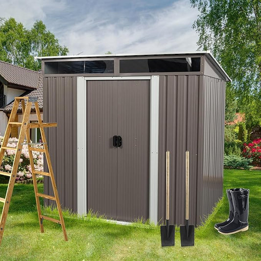 Favfurish 6Ft x 5Ft Outdoor Metal Storage Shed, Weatherproof Garden Shed with Double Sliding Doors and Padlock, Transparent Plate, Punched Vents, Utility Tool House for Lawn Backyard, Gray