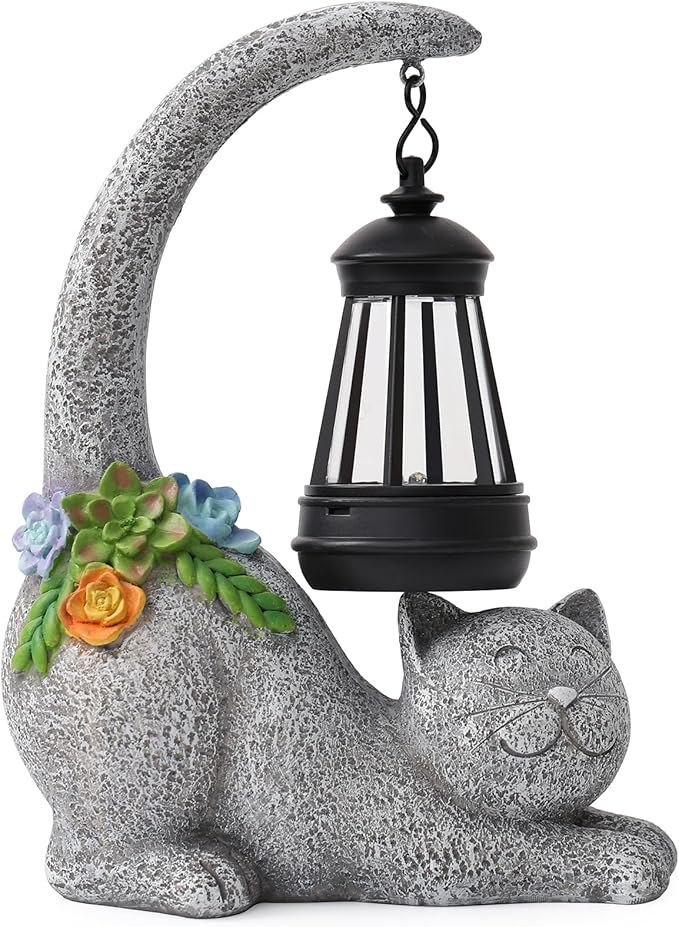 Garden Cute Cat Gnome Statue Decorations - Solar Resin Cat wtih Solar Garden Lights Outdoor Decorations Waterproof for Patio,Yard,Lawn,