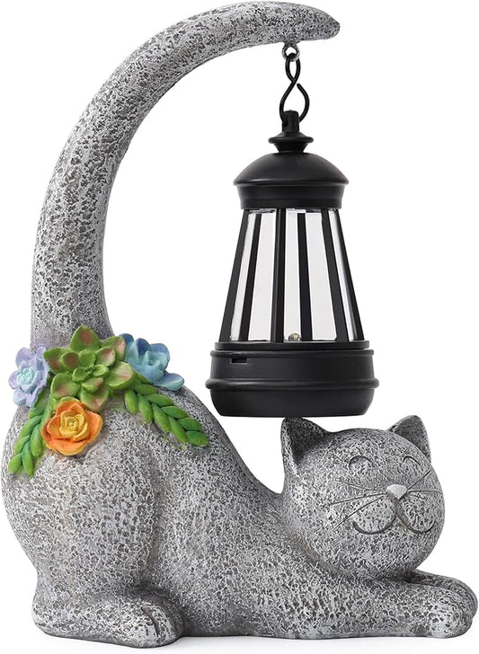 Garden Cute Cat Gnome Statue Decorations - Solar Resin Cat wtih Solar Garden Lights Outdoor Decorations Waterproof for Patio,Yard,Lawn,