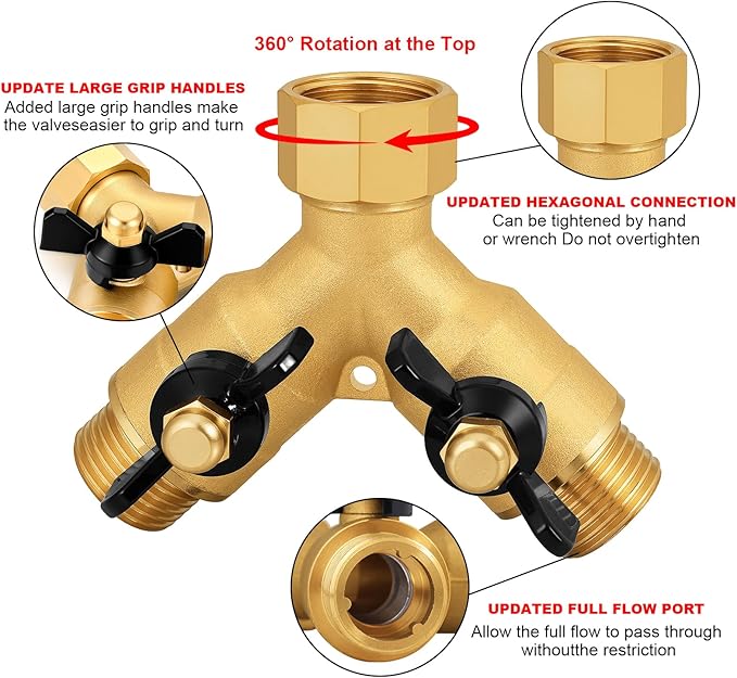 Heavy-Duty Brass 2-Way High-Flow Garden Hose Splitter, Outdoor Faucet Y-Valve Diverter Connector with Butterfly Handle, Full-Flow Water Hose Adapter (Valve butterfly handle - 2-piece)