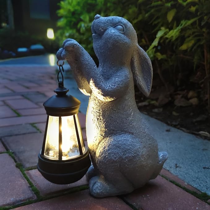 Rabbit Solar Garden Outdoor Statues,Resin Rabbit Figurine Decorations with Solar Lights Lantern, Outdoor Resin Bunny Decor for Lawn,Yard, Unique Housewarming Gift for Garden Home