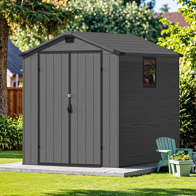 Devoko 6x6 FT Plastic Outdoor Storage Shed - Lockable Resin Tool Shed with Window & Floor - Easy Assembly for Garden, Backyard, Dark Gray