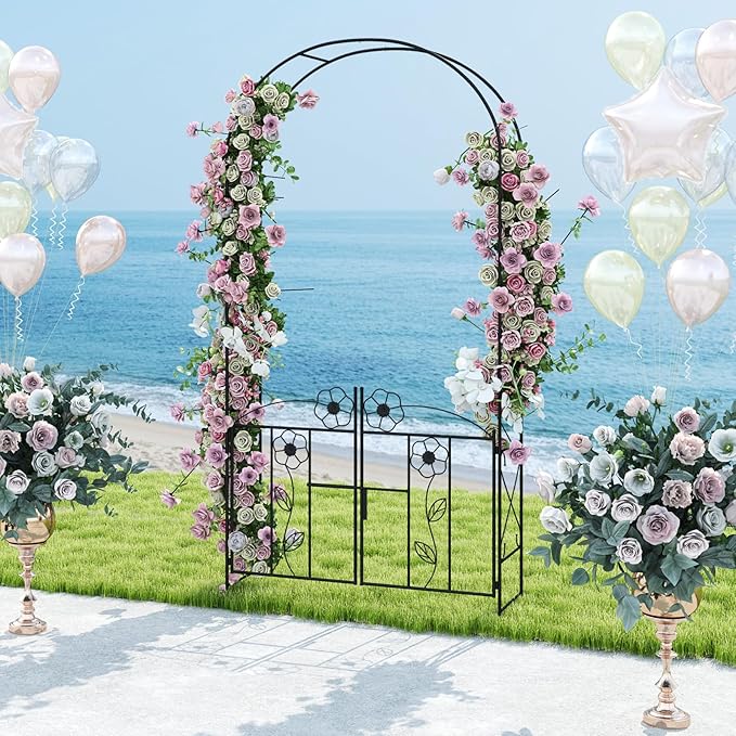 Moccha Garden Arbor, 90" Metal Arbor Trellis for Climbing Plants, Rose, Ivy, Outdoor Archway Pergola with Lockable Gate, 4 Ground Stakes, Garden Arch for Lawn Patio Bridal Party Pathway Ceremony