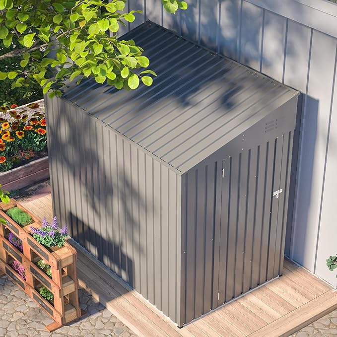 4x7 FT Outdoor Storage Shed,Lean to Lockable Metal Garden Shed Steel with Reinforced Beams,All Weather Waterproof Storage House W/Lockable Door,for Backyard,Patio,Lawn,Garden,Dark Gray