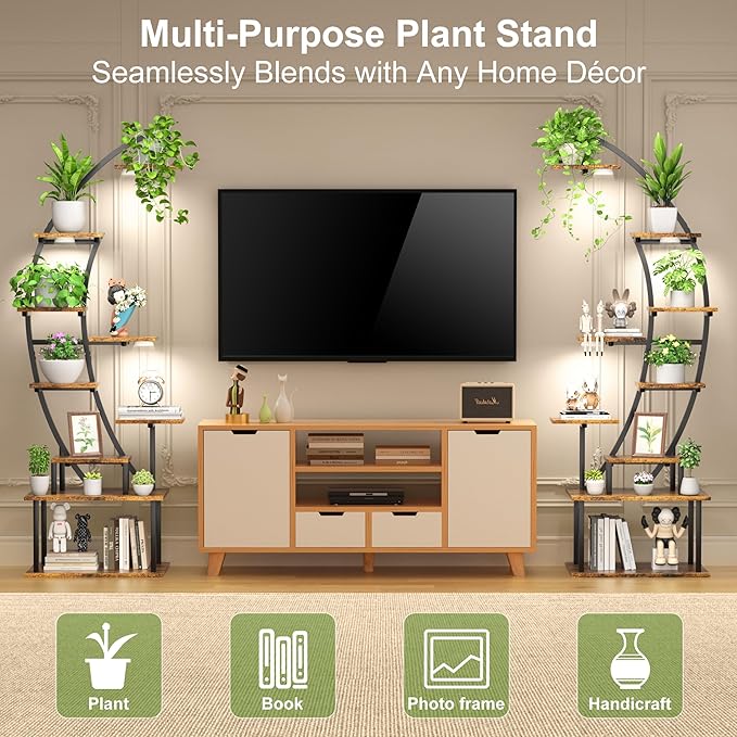 Plant Stand Indoor with Grow Lights, 9 Tier 63" Metal Plant Shelf for Multiple Plants, Tall Plants Shelves Corner Flower Holder, Half Curved Shape Plant Display Rack for Living Room, Balcony, Patio