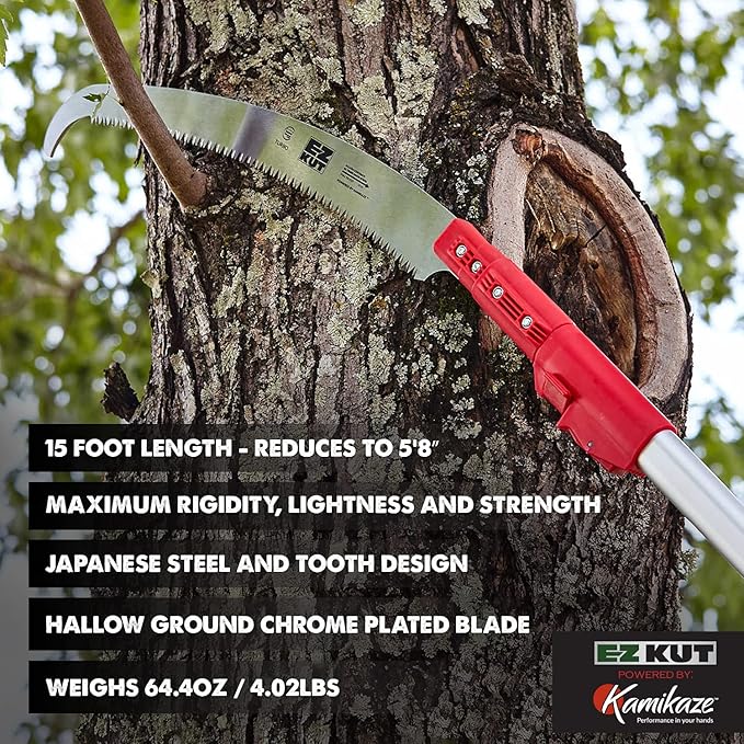EZ Kut Kamikaze 15′ Extendable Tree Trimmer Pole Saw - Branch Cutter with Single Hook Pole Saw Blade for Branch Removal - Best Pole Saws for Tree Trimming. Tree pruner pole saw since 1988