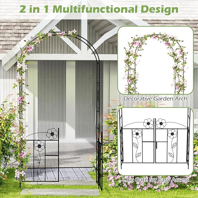 Moccha Garden Arbor, 90" Metal Arbor Trellis for Climbing Plants, Rose, Ivy, Outdoor Archway Pergola with Lockable Gate, 4 Ground Stakes, Garden Arch for Lawn Patio Bridal Party Pathway Ceremony