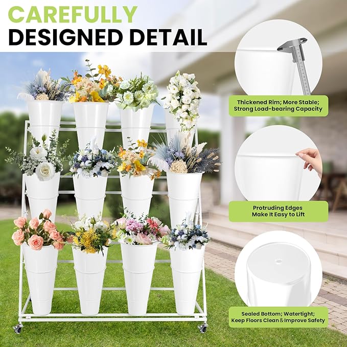Flower Display Stand with Buckets, 3 Layers 12PCS Buckets Metal Flower Cart Display Stand with Wheels, for Patio Garden, Living Room (3 Layers White Round Bucket)