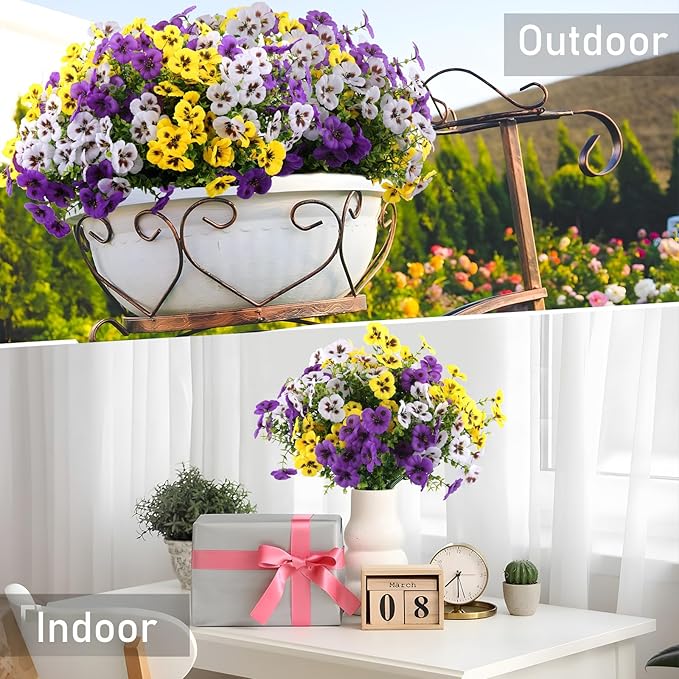 Artificial Fake Pansy Flowers for Outdoor, Faux Silk Pansies Spring Flowers for Outside for Planter Front Door Porch Yard Patio Window Box Home Decor (18, Purple, Yellow, White)