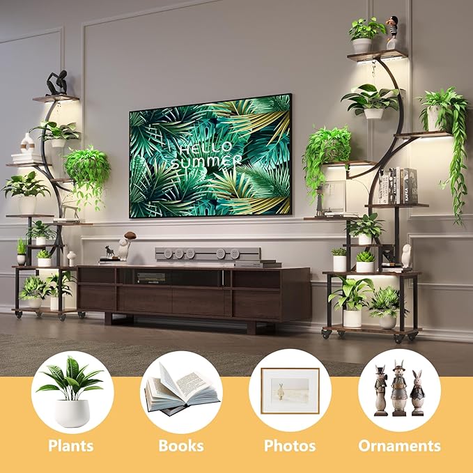 Plant Stand Indoor with Grow Lights, 64" Tall Indoor Plant Stand with Wheels, 8 Tiered Plant Shelf Indoor, Tall Plant Stands Indoor with Pulley for Living Room, Patio