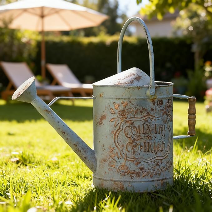 Vintage Metal Watering Can with Country Corner Floral Emboss & Wooden Handle Garden Distressed Blue Decorative Watering Pot Farmhouse Waterer for Home Garden Balcony Courtyard 2 Gallon